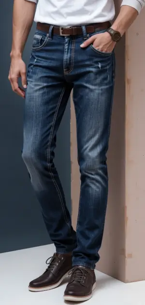 The man is wearing slim-fit blue jeans with a brown belt and leather shoes.