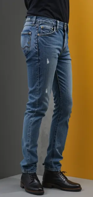 Men’s slim-fit blue jeans with light distressing, styled with black boots.