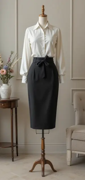 Elegant black pencil skirt with waist tie, styled with a white office blouse.
