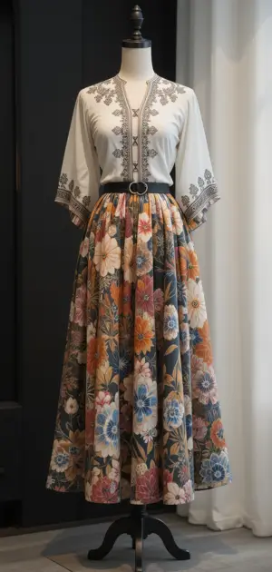 Long floral skirt paired with an embroidered top and black waist belt.