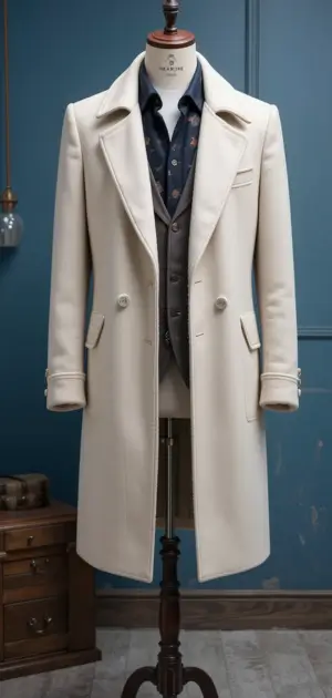 Cream-colored overcoat with sharp lapels and structured shoulders.