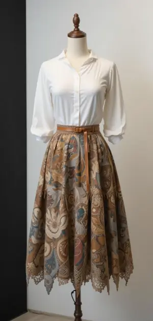 Retro print streetwear skirt with a white blouse for chic, vintage vibes.