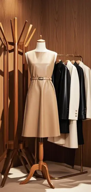Classic leather sheath formal dress with sleeveless design.