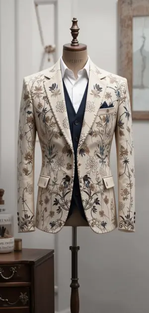 Cream floral blazer with intricate embroidery and a navy vest.