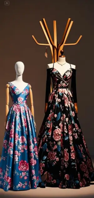 One-shoulder floral gown with ruffles.