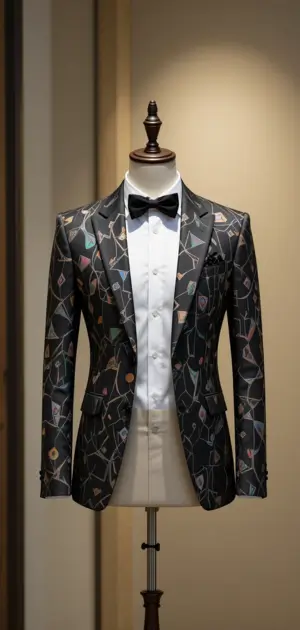A black blazer with geometric patterns paired with a white shirt and bowtie.