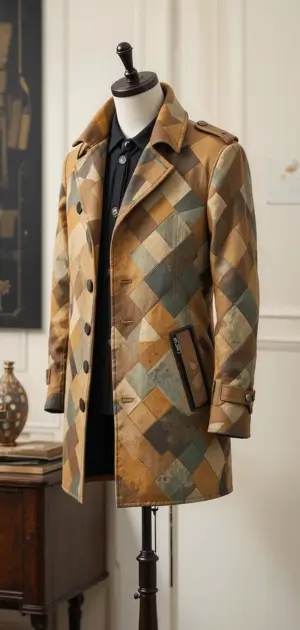 A men’s brown geometric-patterned coat with structured detailing.