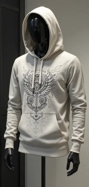 A black zip-up sports hoodie with decorative silver embroidery.