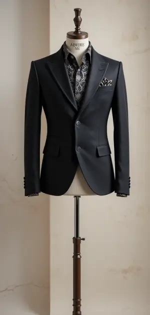 A fitted black blazer paired with a patterned shirt on a mannequin.
