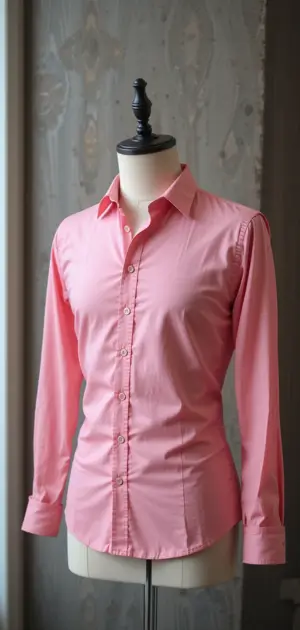 Pink slim-fit dress shirt on a mannequin in a bright setting.