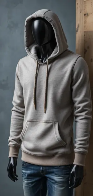 Grey hoodie with ribbed cuffs, drawstrings, and a front pocket on a black mannequin.