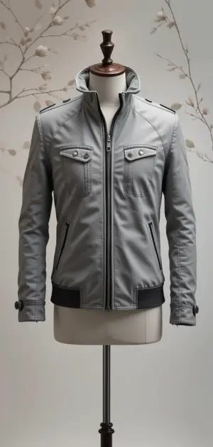 Light gray jacket with zip and button accents, displayed on a mannequin.