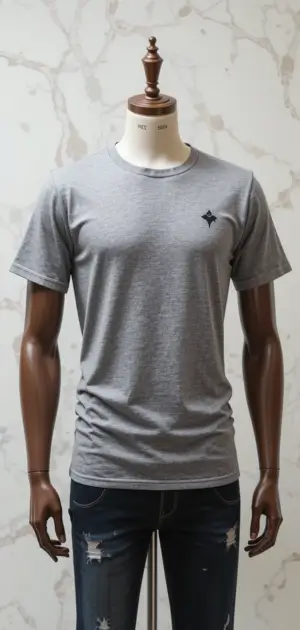 Grey t-shirt with a minimal logo on a mannequin, great for layering.