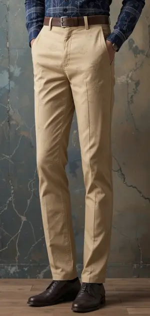Men's beige chinos styled with a navy patterned shirt and brown shoes.
