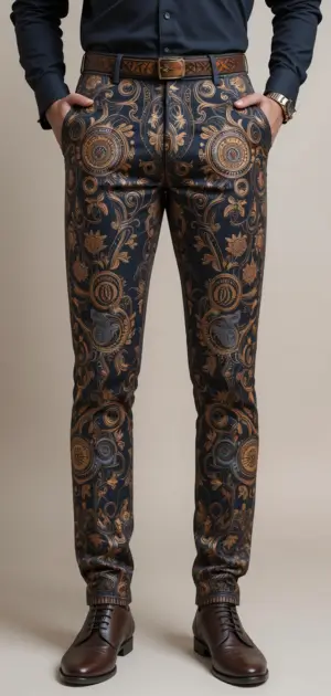 Men's black trousers with gold baroque patterns, styled with brown shoes.