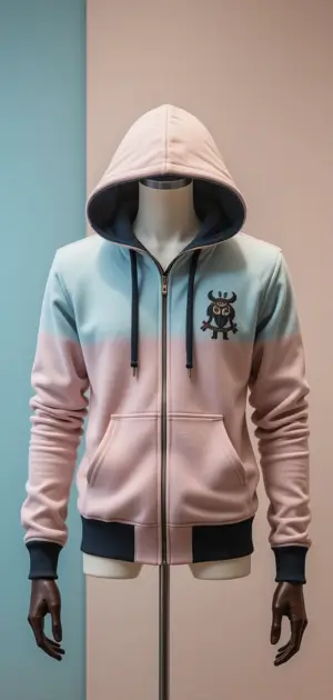 A pastel pink and blue zip hoodie with a stylish embroidered patch.