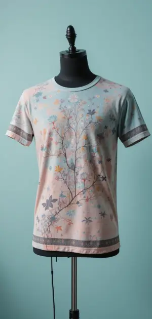 A pastel floral T-shirt on a mannequin against a light blue backdrop.
