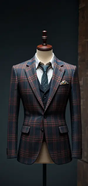 Dark navy plaid blazer styled with a tie, vest, and pocket square.