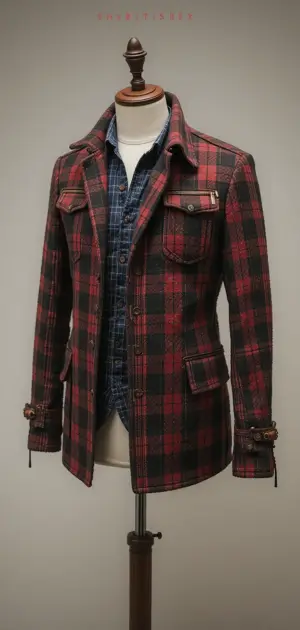 Classic red and black plaid coat with structured pockets and cuffs.