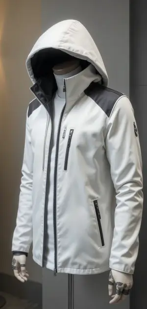 White zip-up hooded jacket with black details for a sporty look.