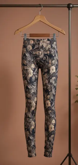 Navy blue floral-patterned leggings hanging on a wooden hanger.