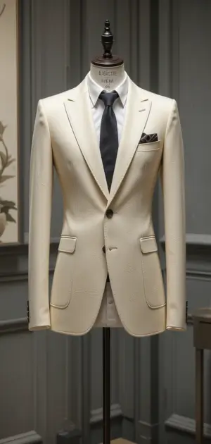Off-white blazer with a white shirt and black tie on display. 