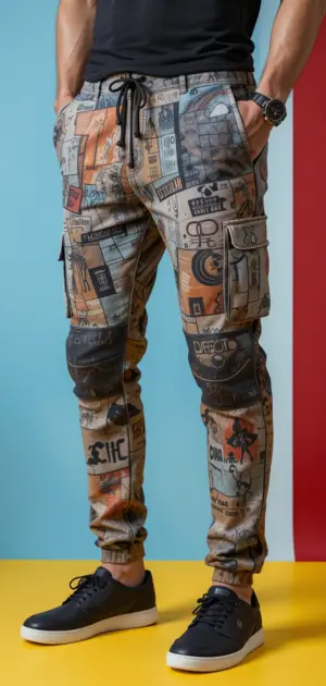 Man in colorful printed cargo joggers with a black T-shirt and sneakers.