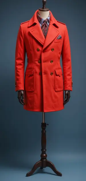 Bright red double-breasted coat with gold buttons and a pocket square.