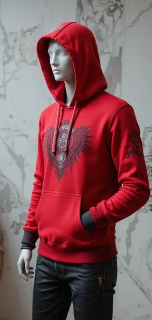 Red streetwear hoodie featuring black graphic art and unique prints.