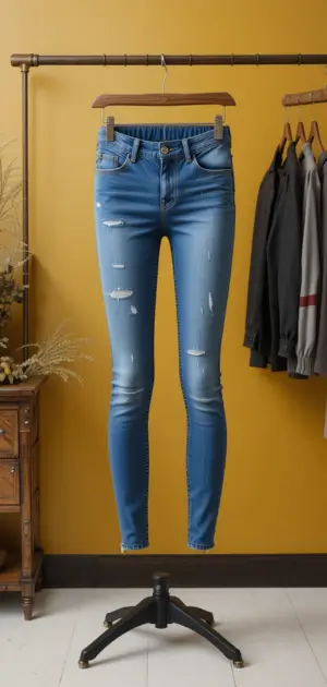 Light-wash distressed denim leggings hanging in a stylish setup.