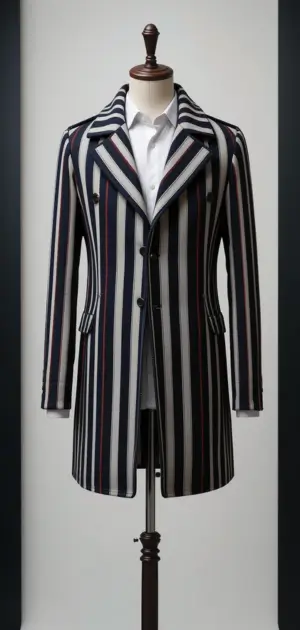 A tailored men's coat with contrasting black-and-white vertical stripes.