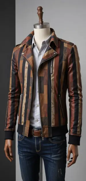 Men's brown and black striped leather jacket with a modern fit.