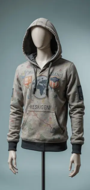 Gray hoodie featuring world map prints and stylish details.