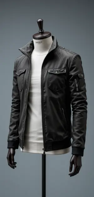 Modern black travel jacket with zippered pockets and a structured fit.
