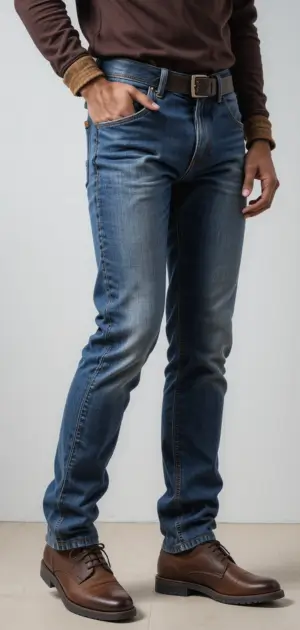 A man wearing slim-fit blue jeans, a brown belt, and brown boots.