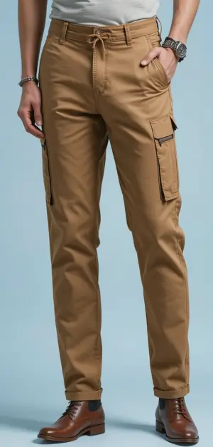 Men's tan cargo pants with zippered side pockets and a tailored look.