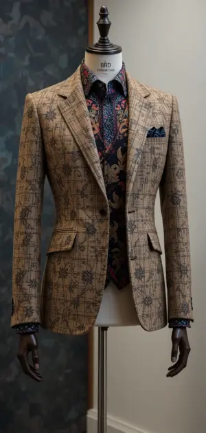 Beige blazer with checkered and floral details, styled with a bold shirt.