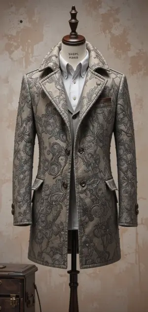 Men’s vintage-inspired coat featuring floral embroidery and tailored fit.