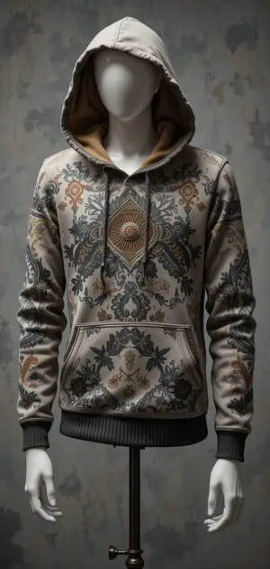 Beige hoodie with ornate baroque-style designs in a rich vintage style.