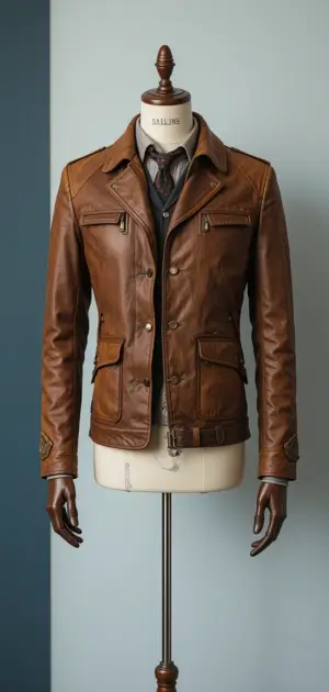 A stylish brown leather vintage jacket featuring structured tailoring and pockets.