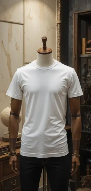 Men’s white T-shirts showcased in different fits on mannequins.