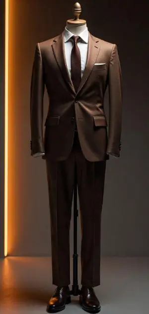 Rich brown suit with a dark tie in warm lighting
