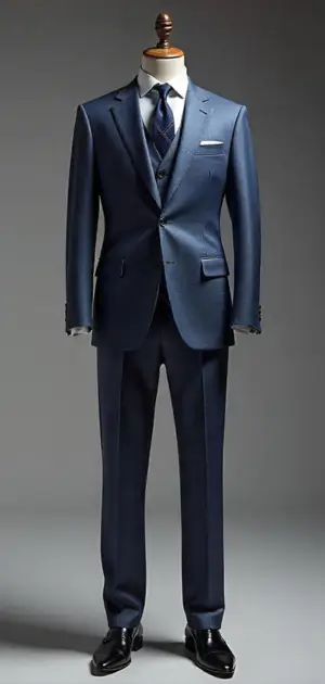 Navy blue three-piece suit with a patterned tie.
