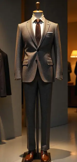 Grey textured suit with a brown tie and leather shoes.
