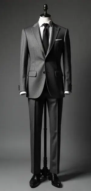 Dark grey suit with a subtle pattern and white pocket square.