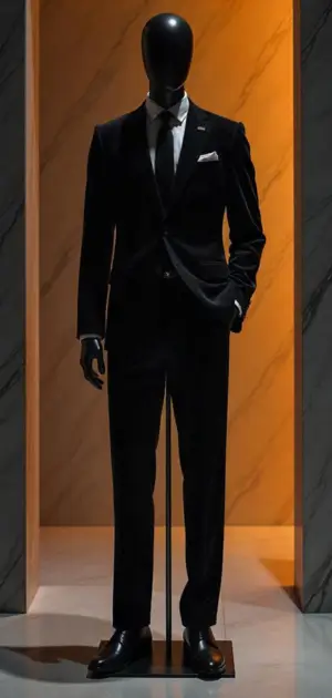 Black suit with a sleek silhouette in a moody setting