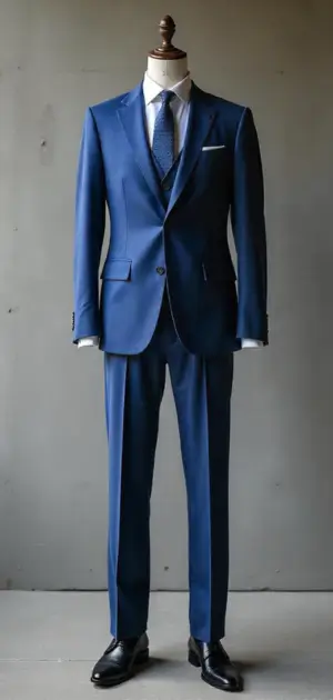 Royal blue suit with a structured, slim fit.
