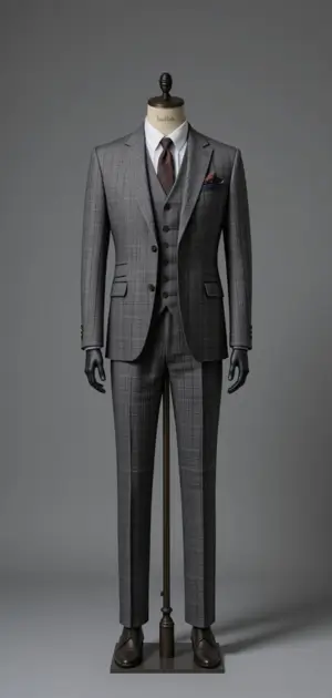 Grey checkered three-piece suit with a burgundy tie