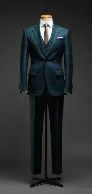 Dark green checkered suit with a white shirt on a mannequin.