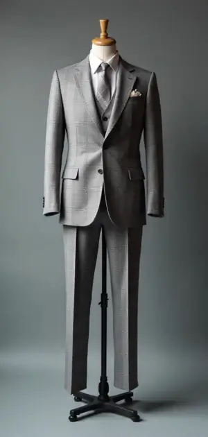 Light grey checkered three-piece suit with a white pocket square on a mannequin.